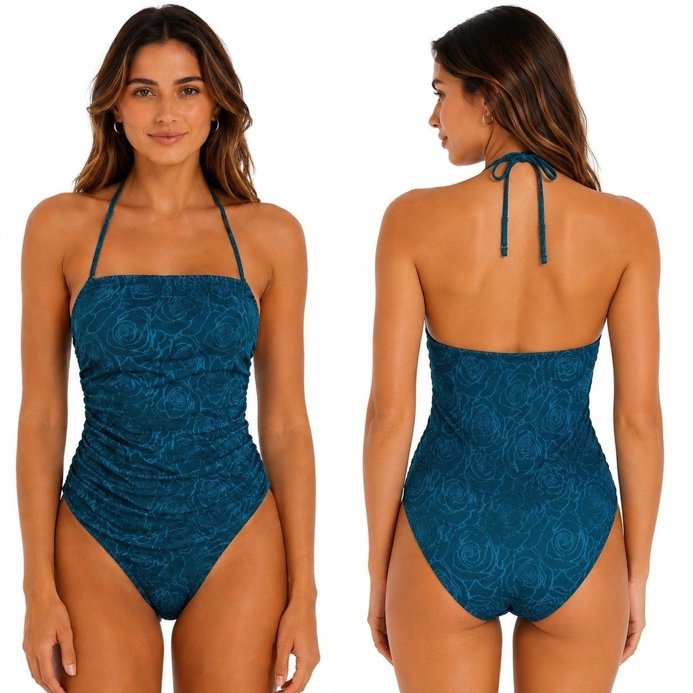 Holipick Swimsuit Womans S Teal Rose Lace Tummy Control One Piece Halter NWT
